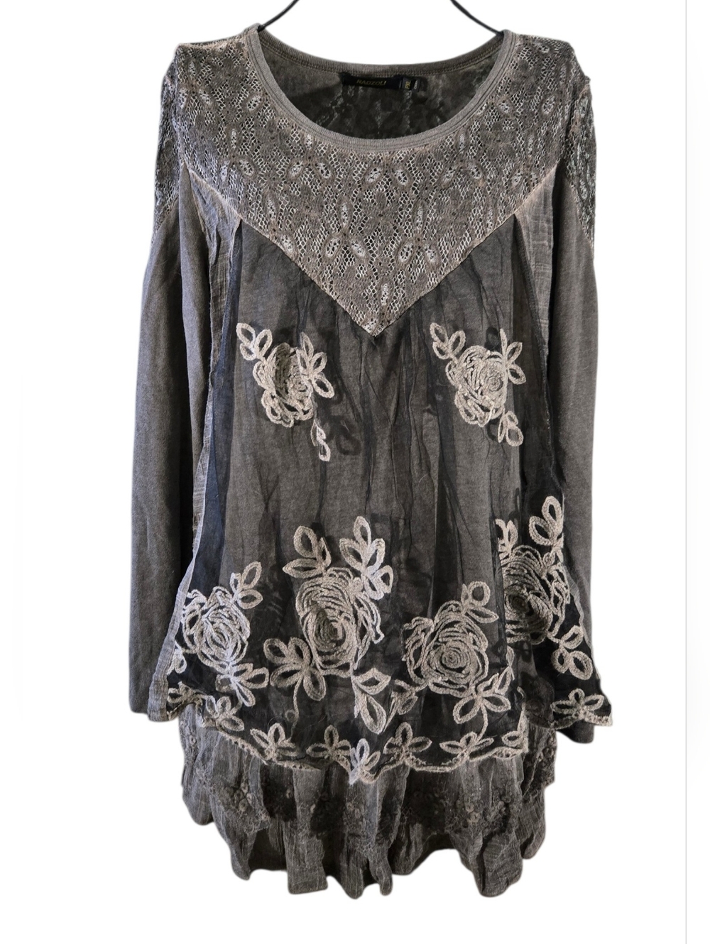 Radzoli Gray Long Sleeve Embroidered Tunic with Lace Yoke Size PXL